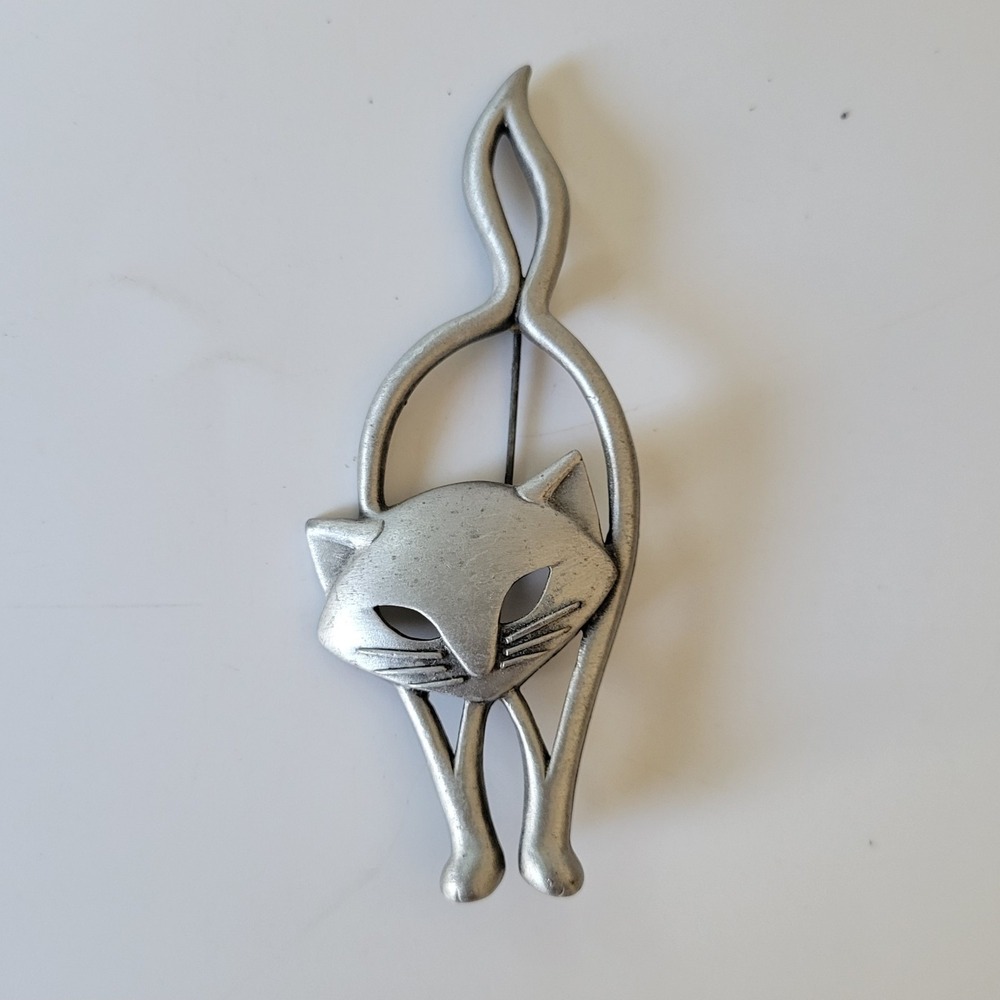 Vintage JJ Jonette Pewter Cat Brooch Pin Signed Silver Tone Open Work Retro